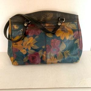 Patricia Nash women’s black leather tote purse with multi color floral print
